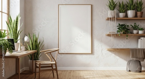 Minimalist Home Office Interior with Empty Vertical Frame Mockup and Snake Plants