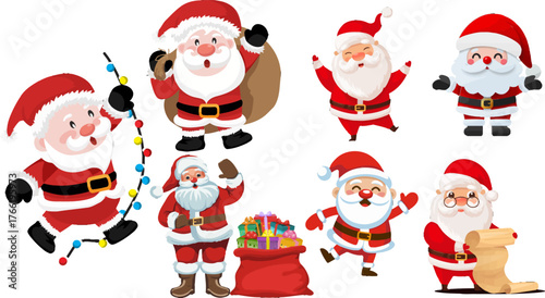 Jolly Santa in multiple poses spreading holiday cheer and joy. Santa Claus celebrating the holidays with gifts and cheerful spirit. Festive Santa Claus ready for Christmas with presents and big smile
