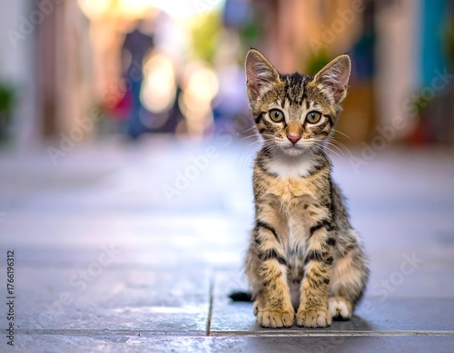 Fototapeta Naklejka Na Ścianę i Meble -  Adorable kitten sits attentively, framed against a blurred street background