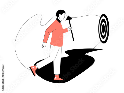 Office worker man is running a little while carrying an arrow towards his destination. Business leadership illustration. Flat vector illustration.