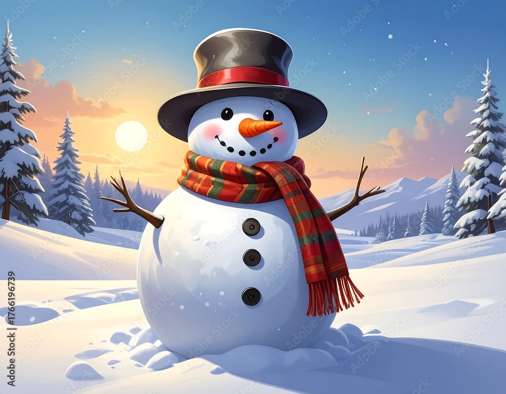Obraz premium Animated snowman with hat and scarf in snowy winter scene