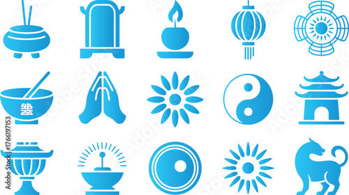 Collection of various blue buddhist and asian themed symbols