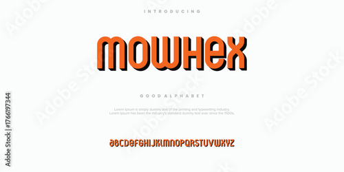 Mowhex futuristic minimalist display font design, alphabet, typeface, letters and numbers, typography.
