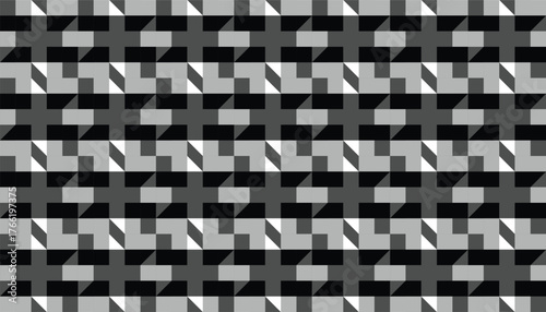 A seamless geometric pattern in black, white, and gray tones featuring diagonal lines and square shapes arranged in a repetitive optical layout