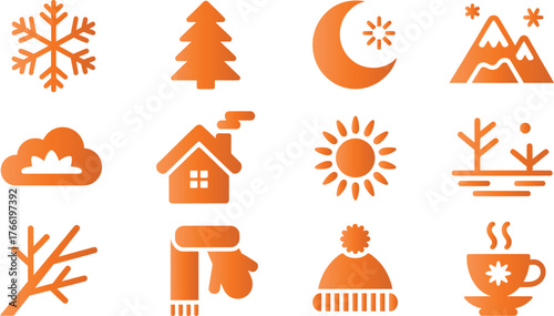 Orange winter themed icons including weather and accessories