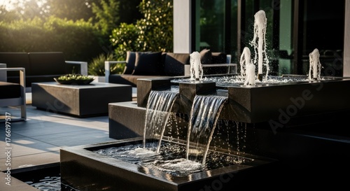 Modern outdoor patio with tiered water feature, seating, and lush greenery