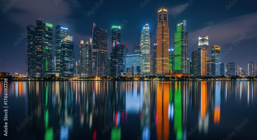 Obraz premium Modern city skyline at night, illuminated by various colors, reflecting on calm water