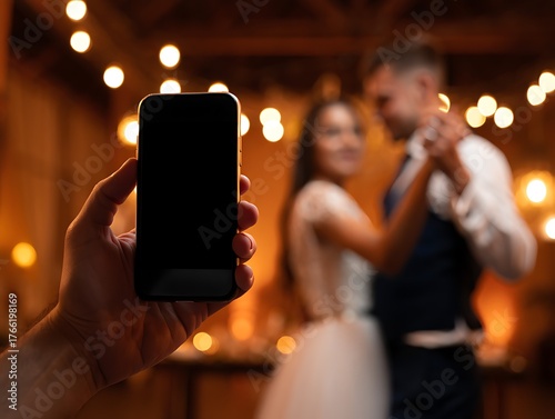 A hand holds a smartphone displaying a black screen, while a bride and groom dance in the background, illuminated by warm lights.