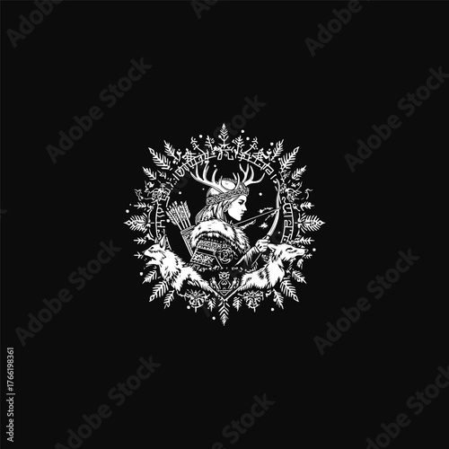 illustration of a beautiful forest goddess or huntress (Artemis, Diana, Skadi) with deer antlers, bow and arrow, surrounded by wolves, fir branches, and a detailed nature wreath