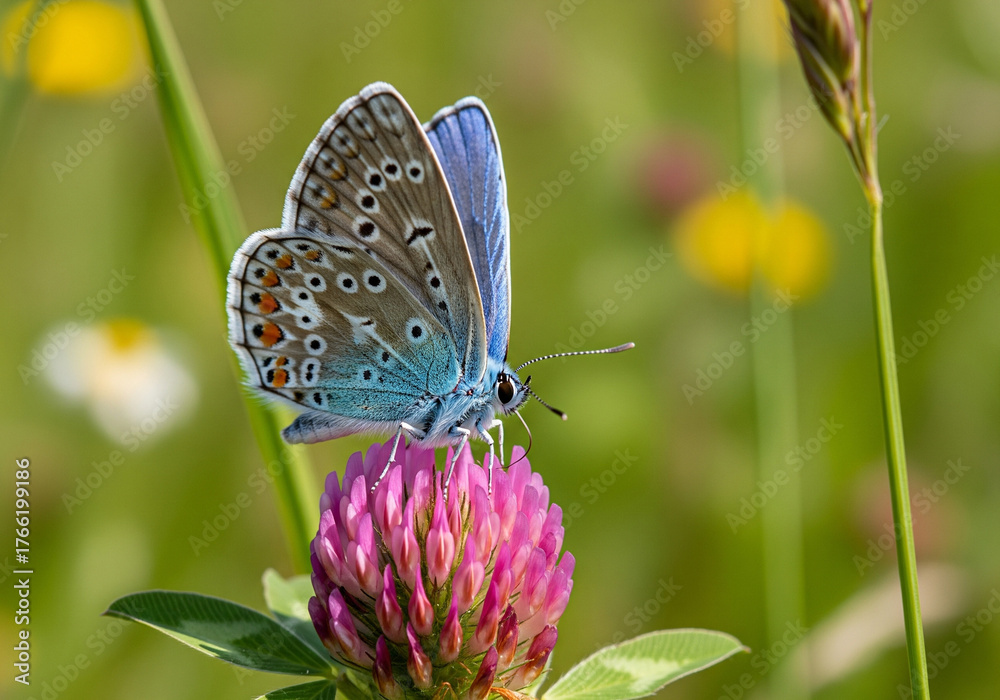 Obraz premium Delicate blue butterfly gracefully perched on vibrant pink clover blossom in sunlit meadow, capturing nature's beauty in stunning detail