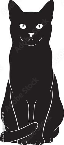 Sleek black cat silhouette sitting attentively with bright white eyes capturing mysterious feline elegance and graceful poise