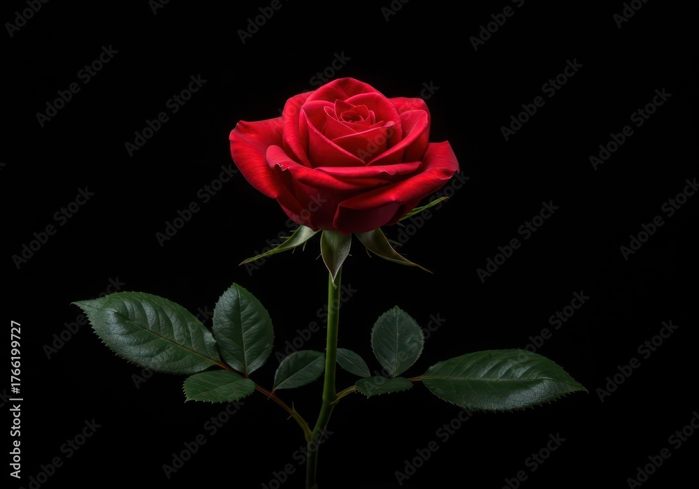 Naklejka premium Striking visual of a single, vibrant red rose blossom captured dramatically against a deep, seamless black studio backdrop ,macro ,symbolic ,elegance