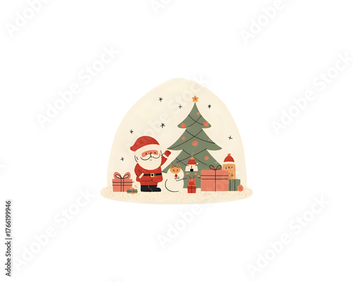 Christmas scene with Santa, tree, gifts, and penguin