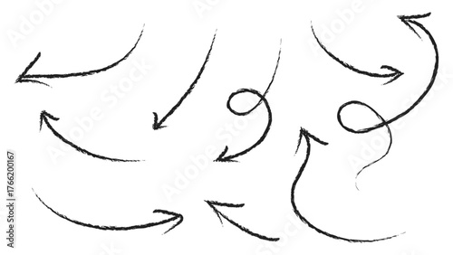 Brush drawn curved arrows. Hand drawn brush arrows in different directions. curved and wavy brush arrow strokes. Curved grunge arrows. vector illustration