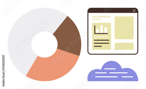 Pie chart, webpage with statistical graph and text, cloud graphic. Ideal for analytics, statistics, data sharing, cloud computing, information systems, business insights simple flat metaphor