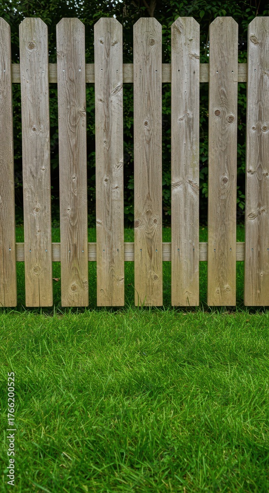 Fototapeta premium Lush green grass and a wooden fence providing a peaceful, natural outdoor background setting perfect for spring or summer scenes ,garden ,peaceful ,grass