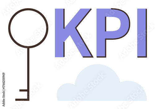 Key beside bold KPI letters and soft cloud shape, representing measurement, goals, growth. Ideal for business, performance, analytics, productivity, planning strategy development simple flat