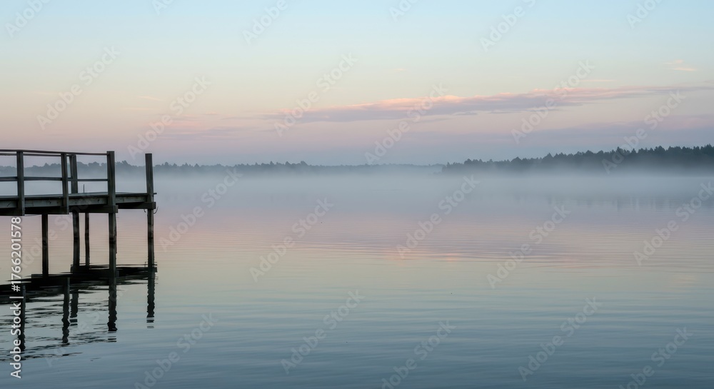 Fototapeta premium A tranquil and perfectly still body of water reflecting the sky, promoting peace, relaxation, and mindfulness in the quiet morning ,nature ,dawn ,horizontal