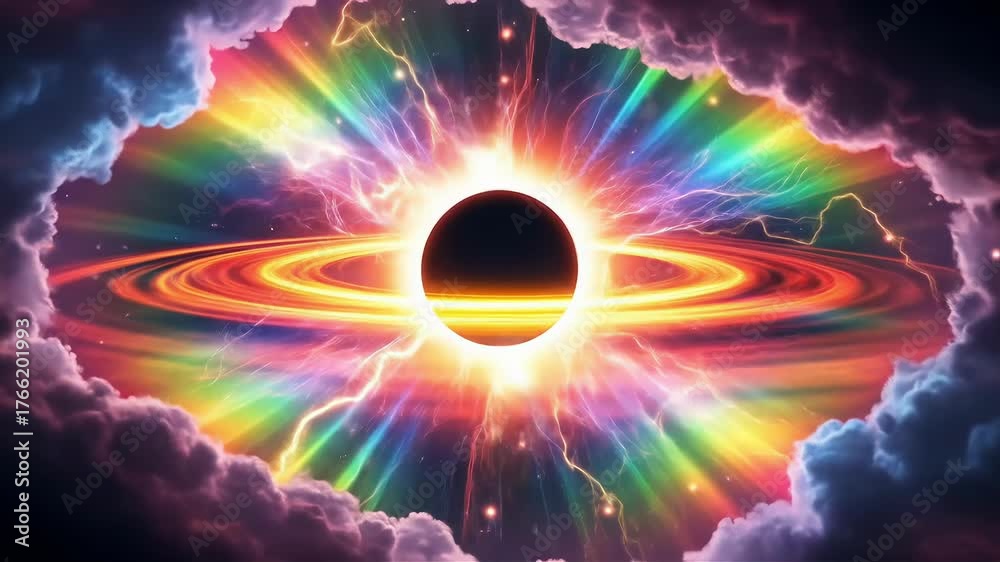 Vibrant celestial event with black hole and rainbow energy swirls