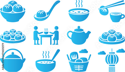 Blue chinese food icons including dumplings and soup bowls