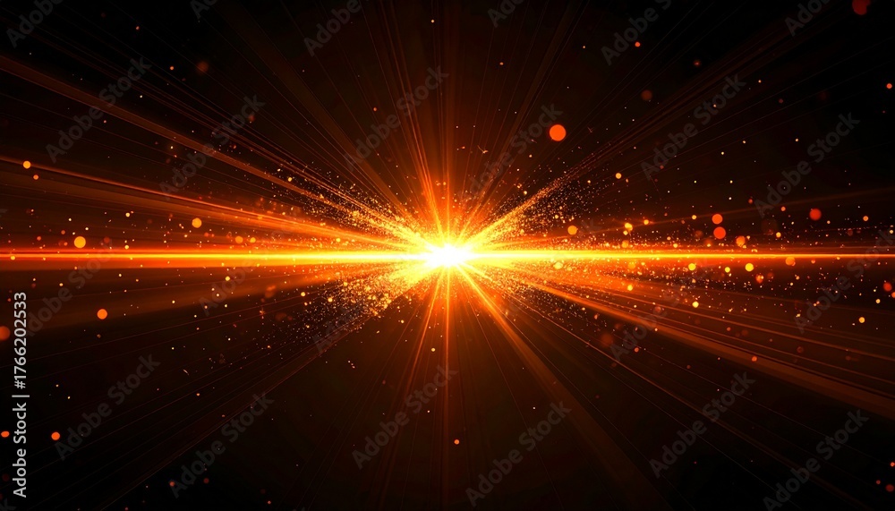 Naklejka premium Abstract golden light burst with sparkling particles on dark background, dynamic energy explosion, futuristic design element, bright glowing effect, digital art illustration, space concept