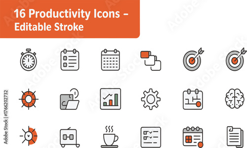 Enhance productivity with this icon set for time management, workflow, and goal setting, great for business planning and routine optimization