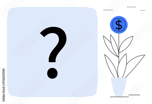 Large question mark symbol beside a potted plant with a dollar sign as its bloom. Ideal for finance, growth, investment, decision-making, planning, opportunities, wealth. Clean simple flat metaphor