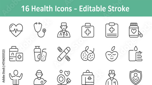 Comprehensive health and wellness icon set, modern line art for healthcare professionals, medical websites and apps, promoting healthy lifestyle choices easily