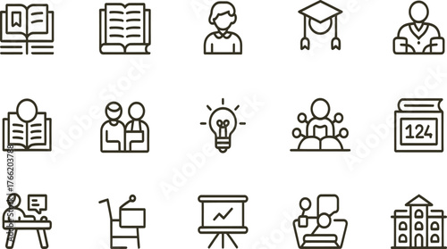 Dynamic line icons illustrating education and learning concepts, perfect for modern websites and course materials to engage students and enhance learning