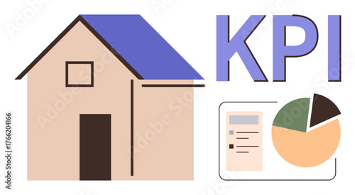 House graphic beside KPI text and pie chart with a list layout for data representation. Ideal for real estate, analytics, metrics, performance, productivity, strategy, reporting, simple flat metaphor