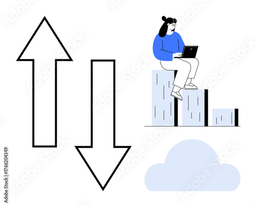 Person seated on bar chart with laptop, upward and downward arrows, cloud element. Ideal for data trends, analytics, cloud computing, statistics, progress tracking, career growth simple flat