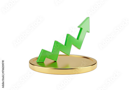 Green Arrow Zigzag on Gold Coin, Progress, Finance, Stock Growth, Transparent Background