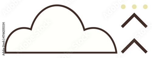 Cloud outline with two arrows pointing upward and three yellow dots above. Ideal for technology, cloud computing, data sharing, innovation, progress, growth, digital infrastructure, simple flat