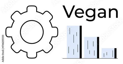 Large gear icon beside segmented bar chart and Vegan text. Ideal for sustainability, innovation, progress, data analysis, food trends, environmental conservation, simple flat metaphor
