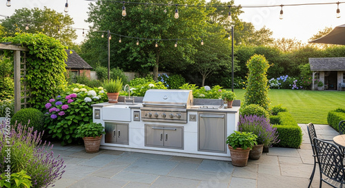 Outdoor Kitchen With Grill And Lush Garden Setting barbecue summer
