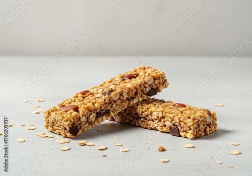 Delicious healthy granola snack bar packed with crunchy nuts, rolled oats, and dark chocolate chunks, perfect for quick energy on a light background ,bar ,nut ,delicious