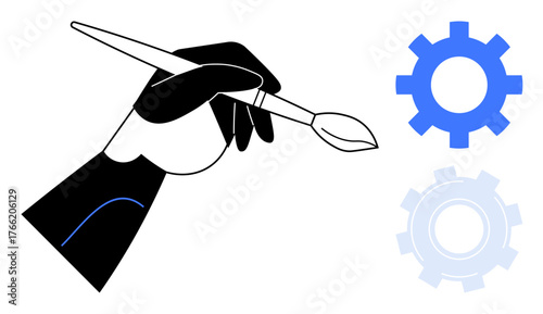 Black-and-white hand with paintbrush crafting blue gears symbolizes creativity, innovation, and teamwork. Ideal for art, design, workflow, productivity, technology, engineering simple flat metaphor