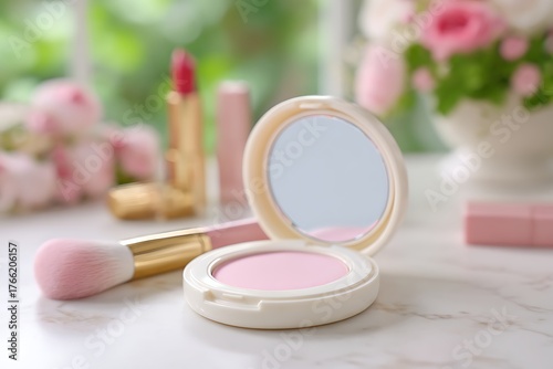 Clean Flat Lay, Soft Pink and Cream Cosmetics, Minimalist Beauty Aesthetic