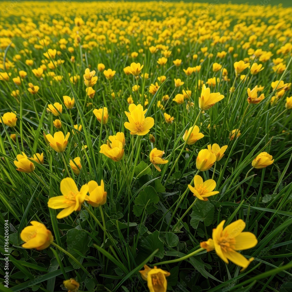Fototapeta premium Vibrant yellow spring wildflowers blooming profusely across a sunny, green meadow under a bright blue sky, signaling the season's start ,sunny ,ecosystem ,botany