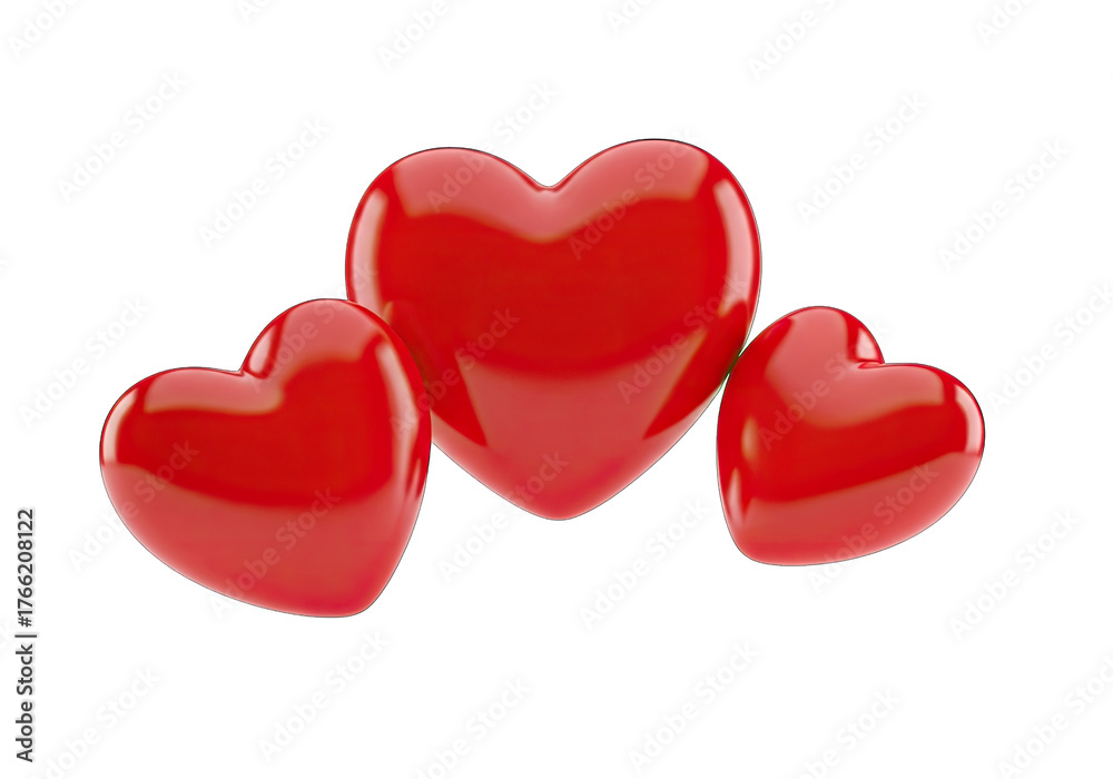 Fototapeta premium Three Glossy Red Heart Shapes with Transparent Background Romance and Love Theme