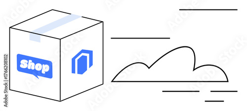 Shipping box labeled with e-commerce icons and motion lines conveying speed. Cloud outline in background. Ideal for delivery, logistics, cloud storage, e-commerce, online shopping, fast service
