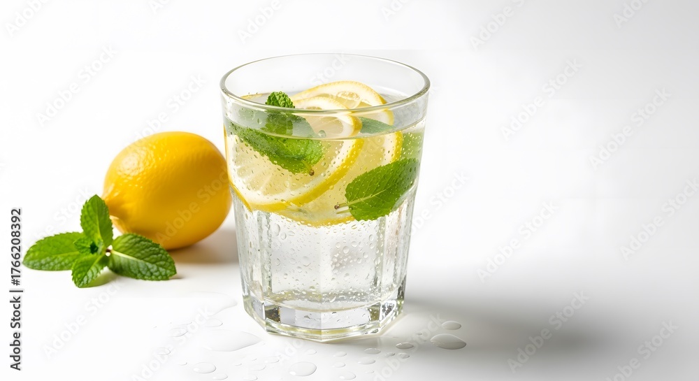 Fototapeta premium Refreshing Lemon Water with Mint in a Glass on a White Surface