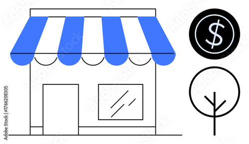 Small shop with blue-striped awning, dollar icon, and minimal tree outline. Ideal for business, retail, startups, finance, economy sustainability local commerce. Simple flat metaphor