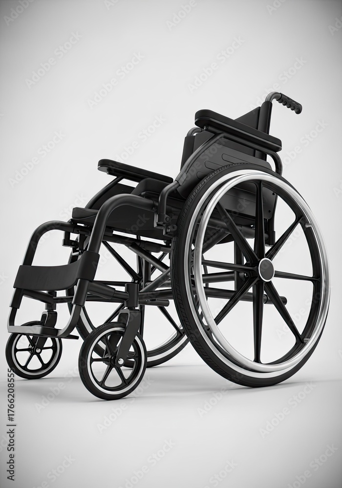 Fototapeta premium Wheelchair Detailed Design with Matte Black and Wheels on White Backdrop