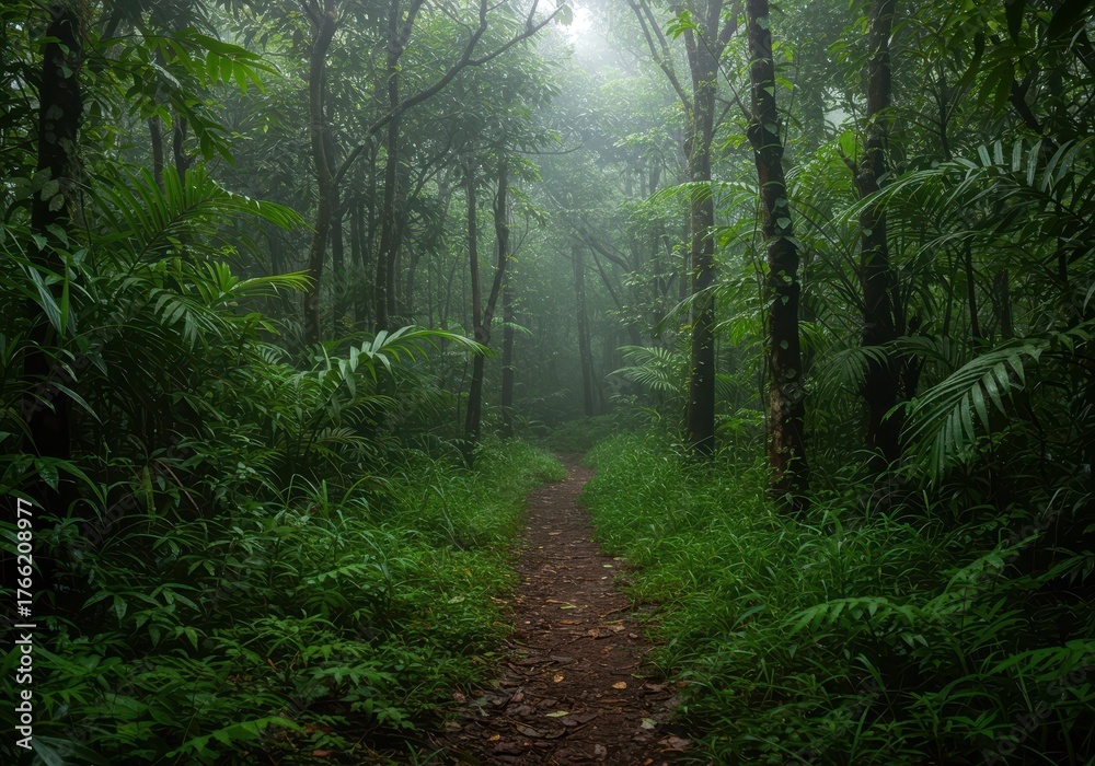 Obraz premium Lush, immersive tropical forest scene featuring an earthen trail disappearing into the dense undergrowth and mysterious jungle mist ,serene ,vegetation ,forest