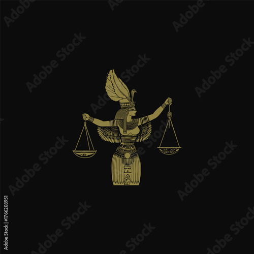 Ancient Egyptian Goddess of Justice and Truth, possibly Ma'at, holding the Scales of Balance