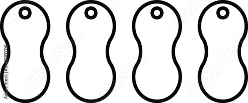 Four identical peanut-shaped tags with holes at the top