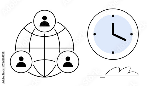 Network of individuals connected via a globe and a clock symbolizing collaboration, global reach, and efficiency. Ideal for teamwork, scheduling, productivity, remote work, globalization, strategy
