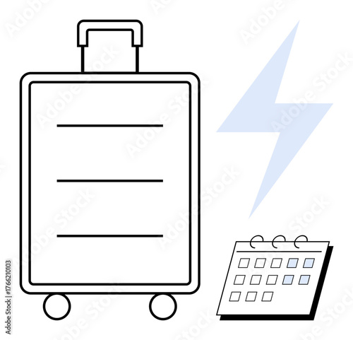 Minimalist suitcase with wheels, lightning bolt for energy, and calendar for scheduling. Ideal for travel, planning, holidays, energy, organization, productivity preparation simple flat metaphor