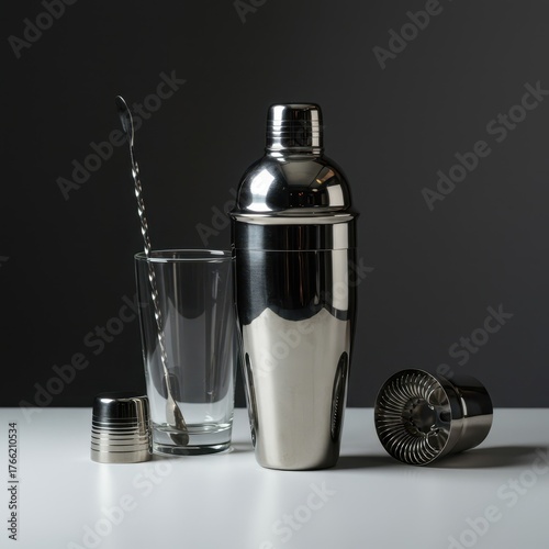 Classic stainless steel and glass cocktail shaker set ready for mixing beverages on a clean white surface in a professional setting ,sleek ,hospitality ,crafting